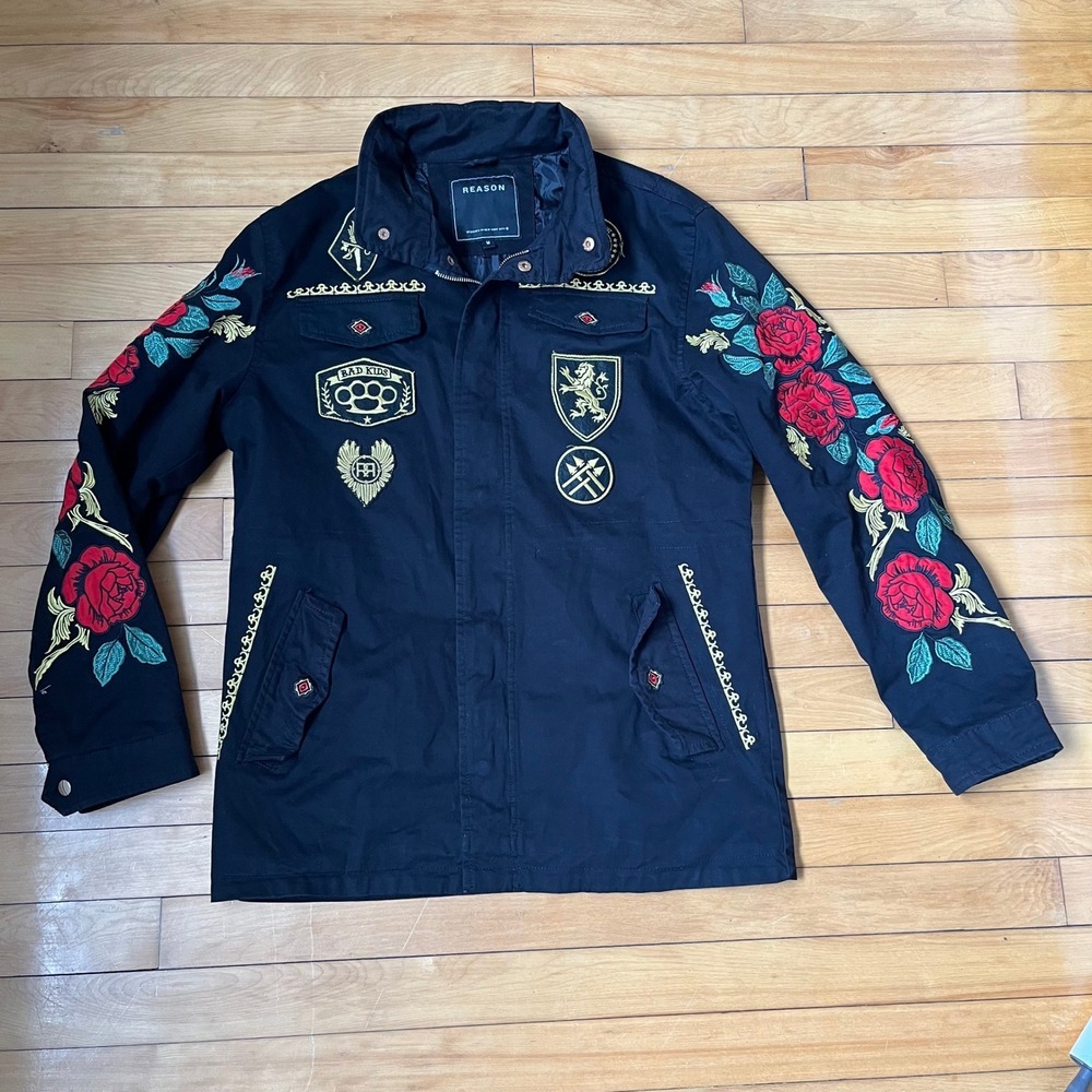 Reason Clothing Mens Black Embroidered Rose Tiger Field Jacket Size M Bad Kids